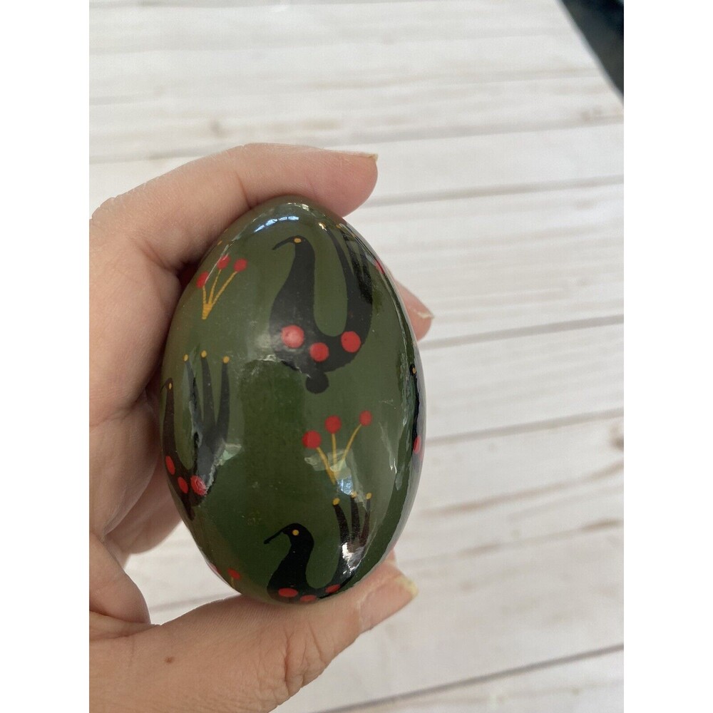 Vintage Russian hand painted lacquer egg Dark Green Folk Art Black Rooster Bird